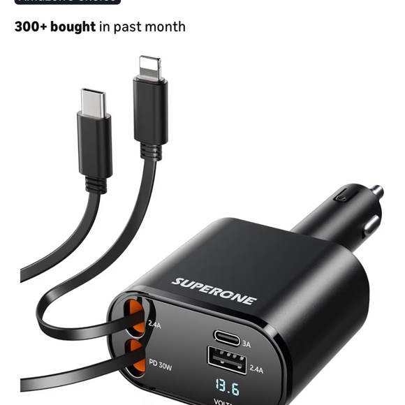 SUPERONE Retractable Car Charger 4-in-1 Fast Charging USB-C USB-A New - Picture 3 of 10